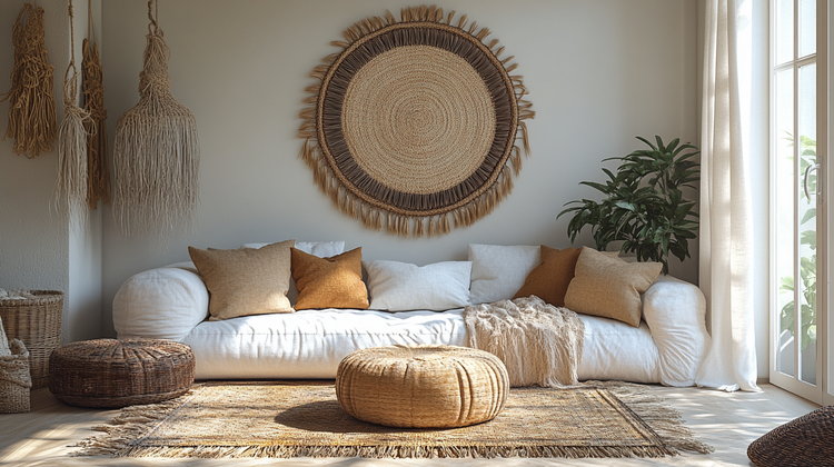 Wohnzimmer mit Couch, Teppich, Pflanzen und Bildern in erdigen Tönen