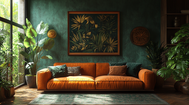 Wohnzimmer im Art-Déco Stil mit einer orangenen Samtcouch, smaragdgrünen Wänden und einem gold-grünen Bild mit botanischem Muster